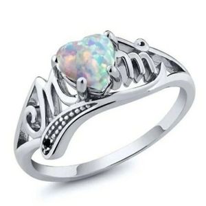 NEW 18K White Gold Opal Heart Mom Ring Size 8